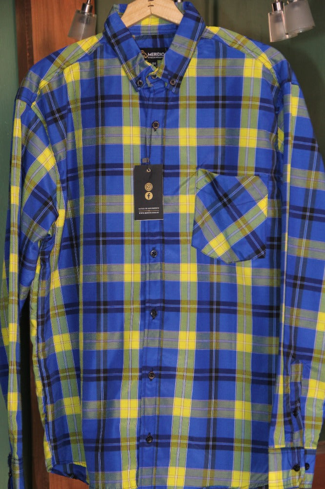 CAMISA MANGA LARGA CUADROS MEDIANOS AZUL REY  CON AMARILLO