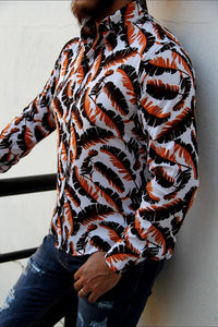 CAMISA MANGA LARGA ESTAMPADO PLUMAS CAFE/NARANJA
