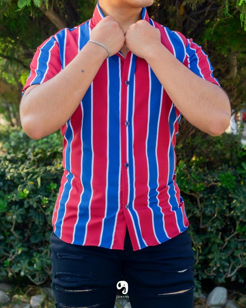 CAMISA MANGA CORTA RAYAS ROJO, AZUL Y BLANCO