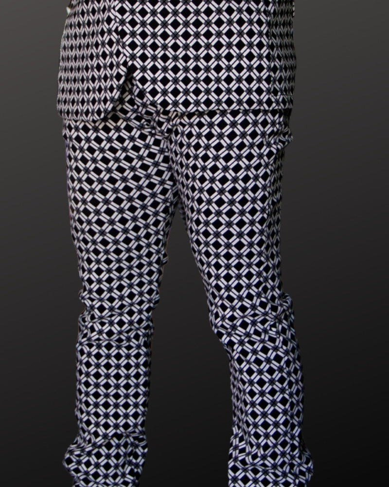 PANTALÓN EXOTICO BLANCO CON NEGRO, ROMBOS Y LINEAS ENTRELAZADAS