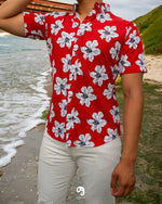 Cargar imagen en el visor de la galería, CAMISA MANGA CORTA ESTAMPADO DE FLORES HAWAIANAS FONDO ROJO
