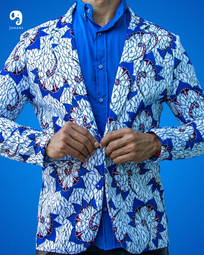 BLAZER SOLAPA V EXOTICO AZUL CON DISEÑOS GEOMETRICOS EN BLANCO