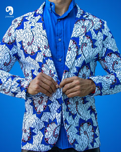 BLAZER SOLAPA V EXOTICO AZUL CON DISEÑOS GEOMETRICOS EN BLANCO