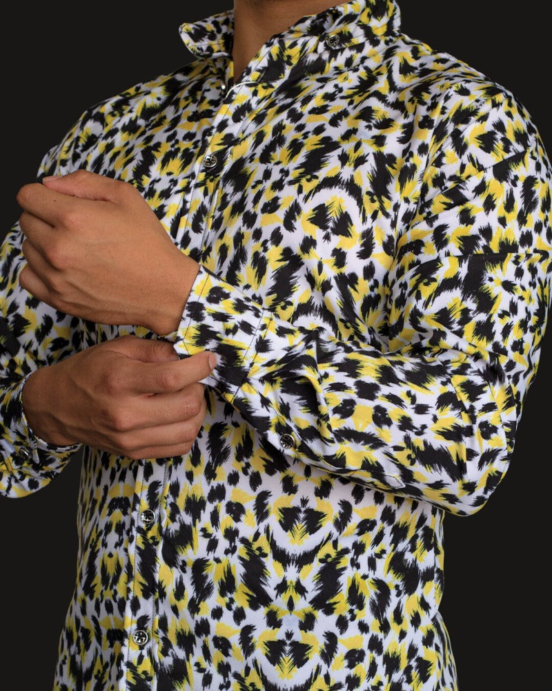 CAMISA MANGA LARGA ESTAMPADO ANIMAL PINT JAGUAR AMARILLO NEGRO