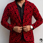 Cargar imagen en el visor de la galería, BLAZER SOLAPA V EXOTICO ROJO CON CUADROS EN GAMUZA NEGRA
