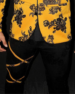 PANTALÓN EXOTICO AMARILLO CON FLORES DE GAMUZA EN NEGRO