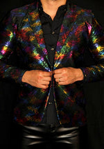 Cargar imagen en el visor de la galería, BLAZER SOLAPA V EXOTICO NEGRO EXPLOSION DE COLORES LINEAS
