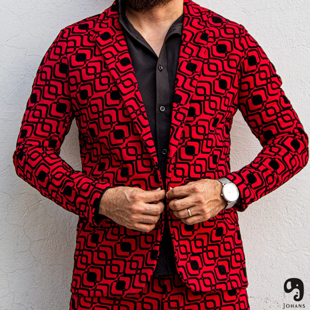 PANTALON EXOTICO ROJO CON CUADROS EN TERCIOPELO NEGRO