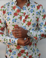 Cargar imagen en el visor de la galería, CAMISA MANGA LARGA ESTAMPADO BLANCA CON FLORES AZULES
