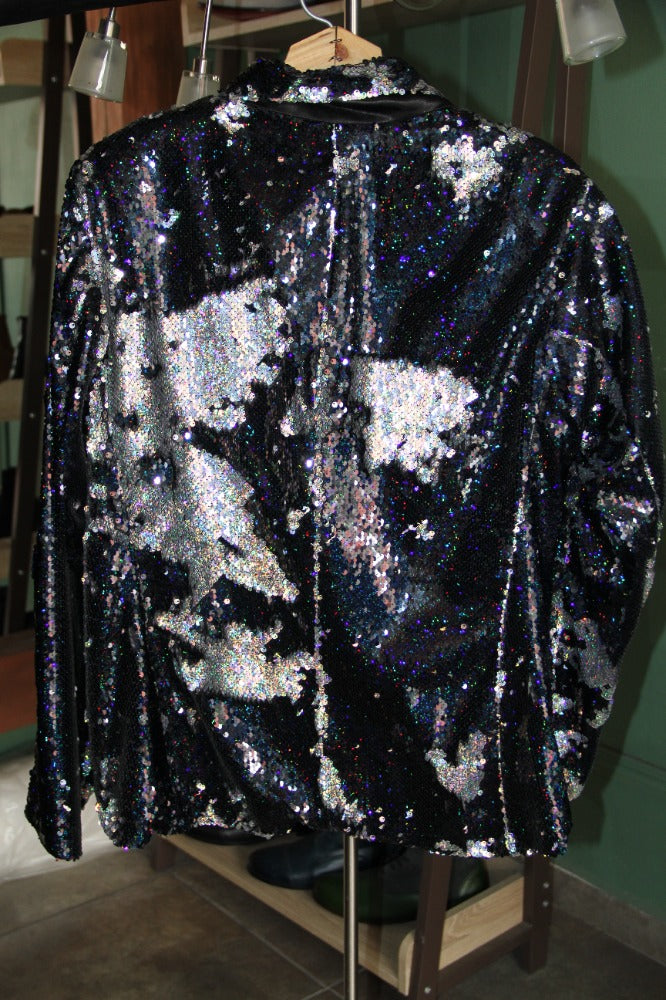 BLAZER SOLAPA V EXOTICO LENTEJUELA AZUL Y PLATA
