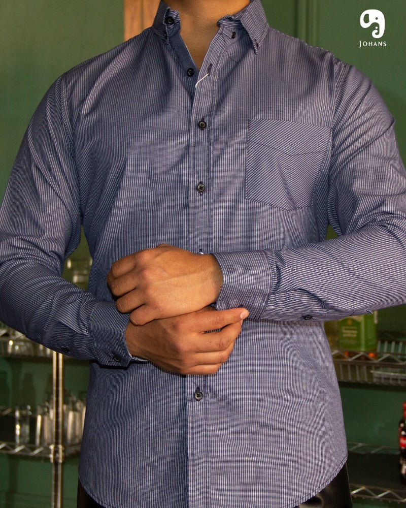 CAMISA MANGA LARGA CUADROS MILIMETRICOS AZUL MARINO CON BLANCO