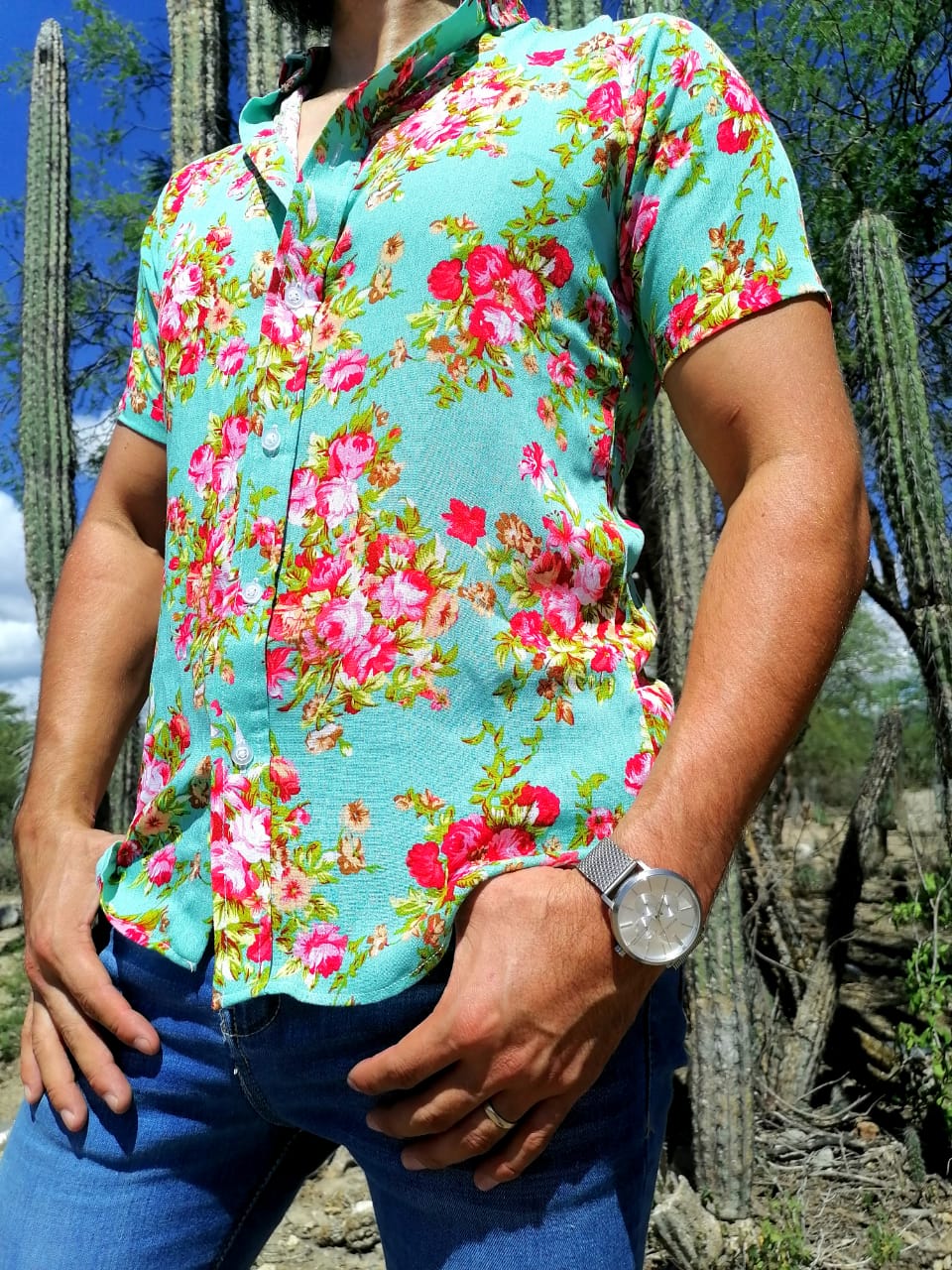 CAMISA MANGA CORTA ESTAMPADO VERDE MENTA FLORES