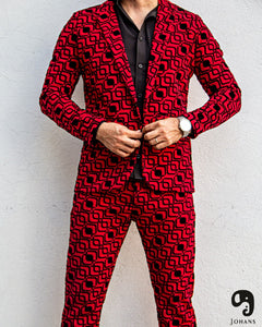 PANTALON EXOTICO ROJO CON CUADROS EN TERCIOPELO NEGRO