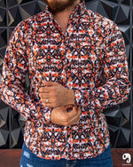 Cargar imagen en el visor de la galería, CAMISA MANGA LARGA ESTAMPADO HASPEADO NARANJA CON NEGRO
