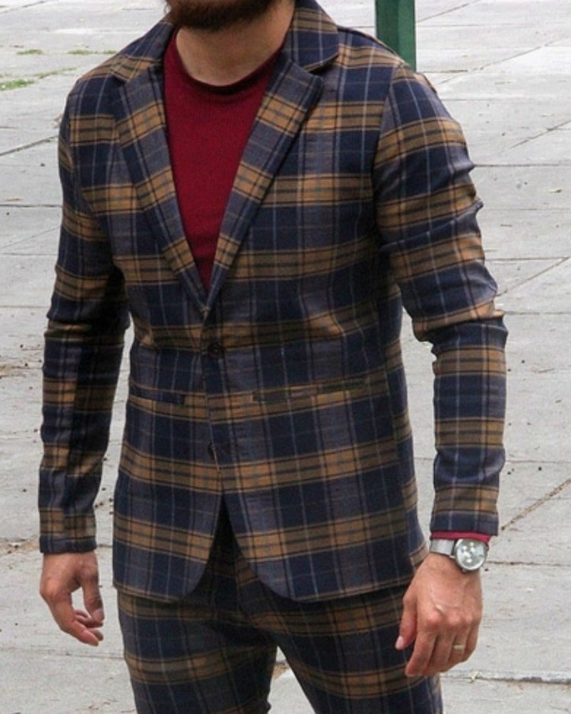BLAZER SOLAPA V CASUAL  CUADROS AZUL MARINO CON MARRON
