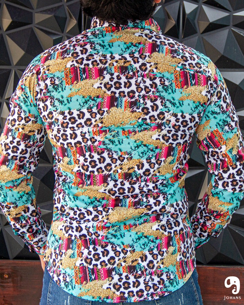 CAMISA MANGA LARGA ESTAMPADO ANIMAL PRINT LEOPARDO MULTICOLOR AZUL MENTA