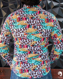 CAMISA MANGA LARGA ESTAMPADO ANIMAL PRINT LEOPARDO MULTICOLOR AZUL MENTA