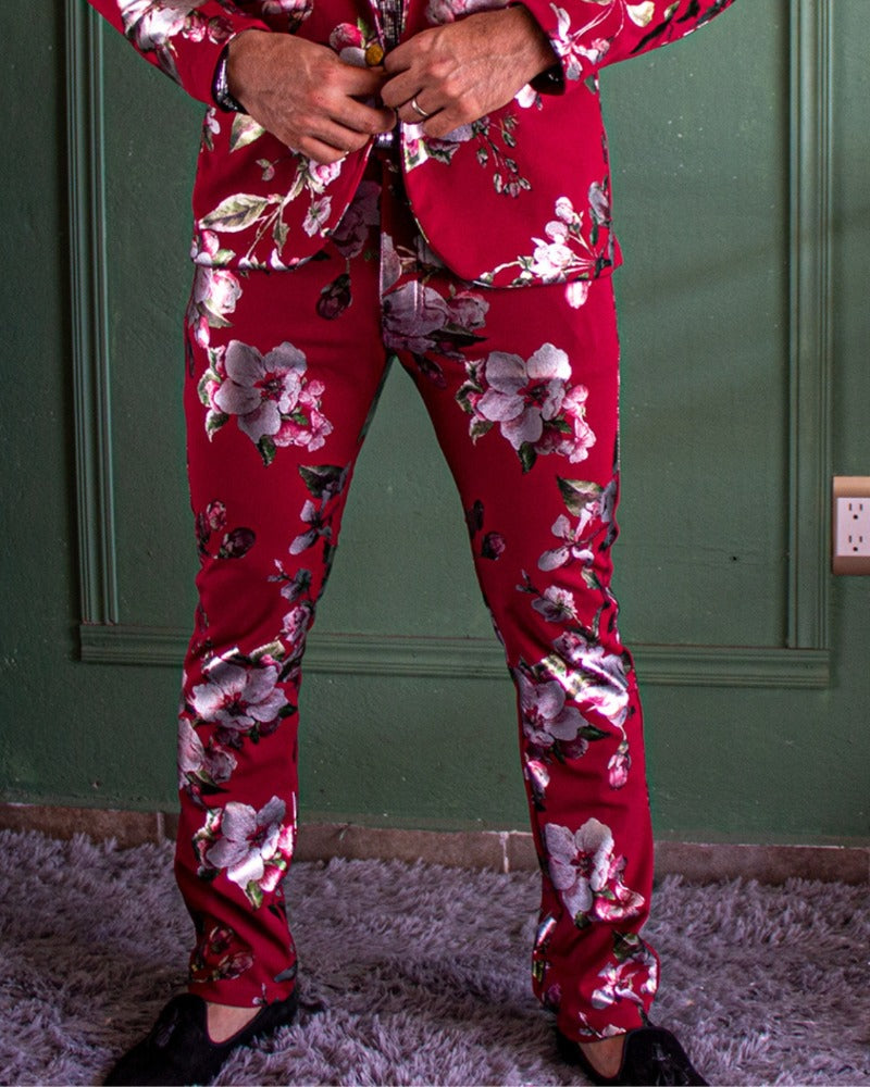 PANTALÓN EXOTICO ROJO CON FLORES METALICAS