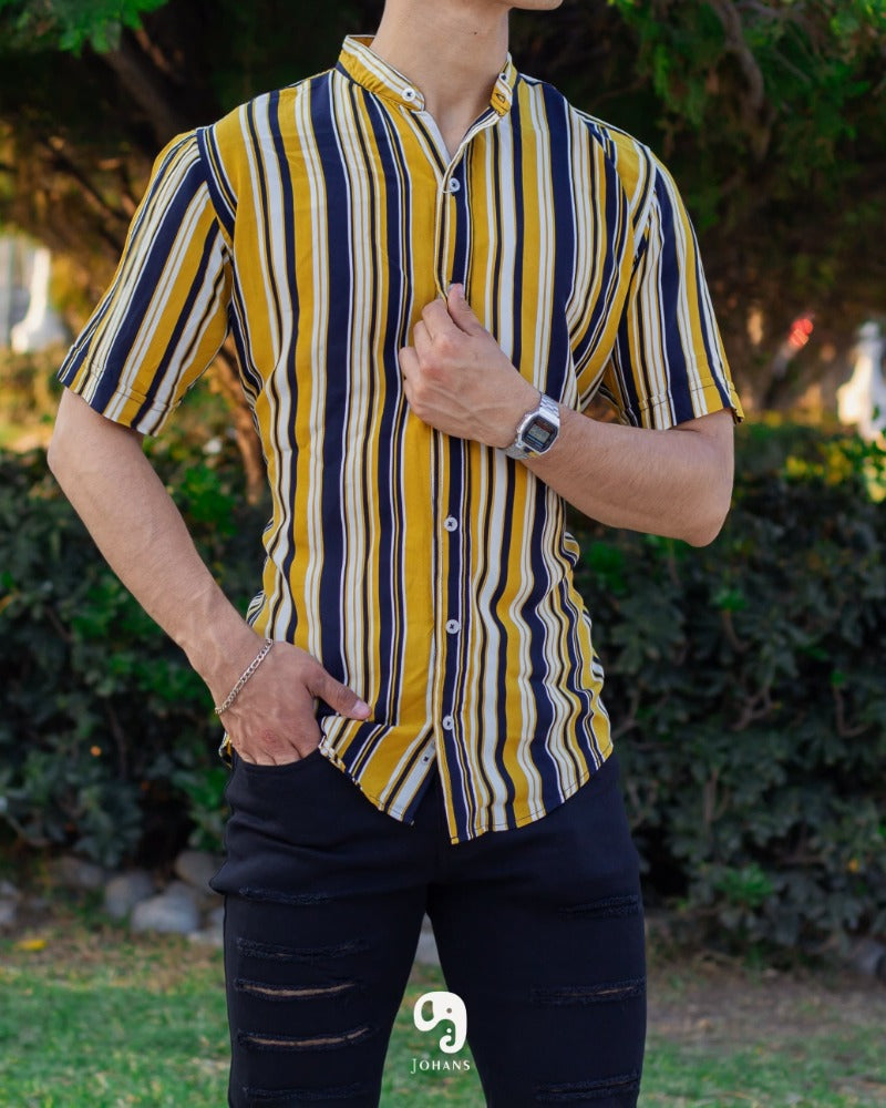 CAMISA MANGA CORTA RAYAS MOSTAZA LINEAS