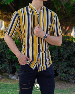CAMISA MANGA CORTA RAYAS MOSTAZA LINEAS