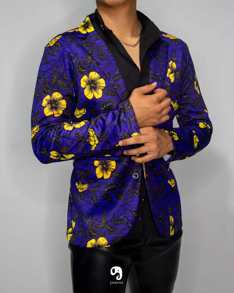 BLAZER SOLAPA V EXOTICO AZUL CON FLORES AMARILLAS