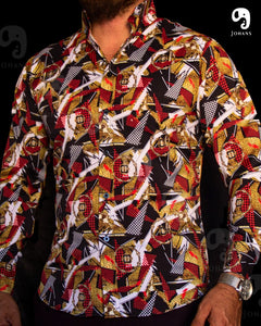 CAMISA MANGA LARGA ESTAMPADO NEGRA AZULEJOS ROJOS