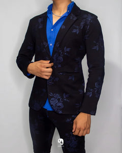 BLAZER SOLAPA V EXOTICO NEGRO CON FLORES EN AZUL MARINO