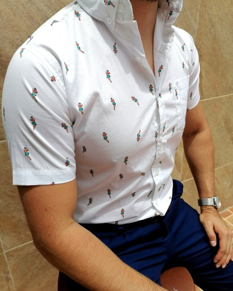 CAMISA MANGA CORTA ESTAMPADO BLANCA BAILARINA HAWUAIANA