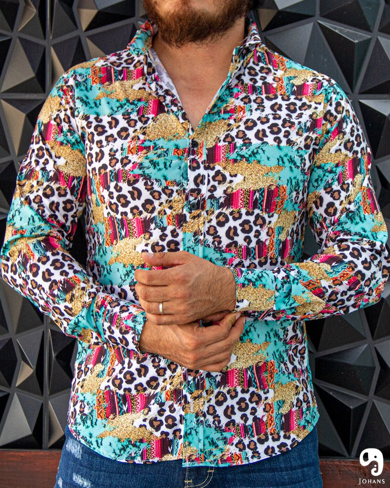 CAMISA MANGA LARGA ESTAMPADO ANIMAL PRINT LEOPARDO MULTICOLOR AZUL MENTA