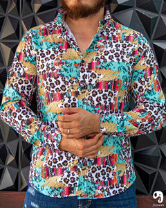 CAMISA MANGA LARGA ESTAMPADO ANIMAL PRINT LEOPARDO MULTICOLOR AZUL MENTA