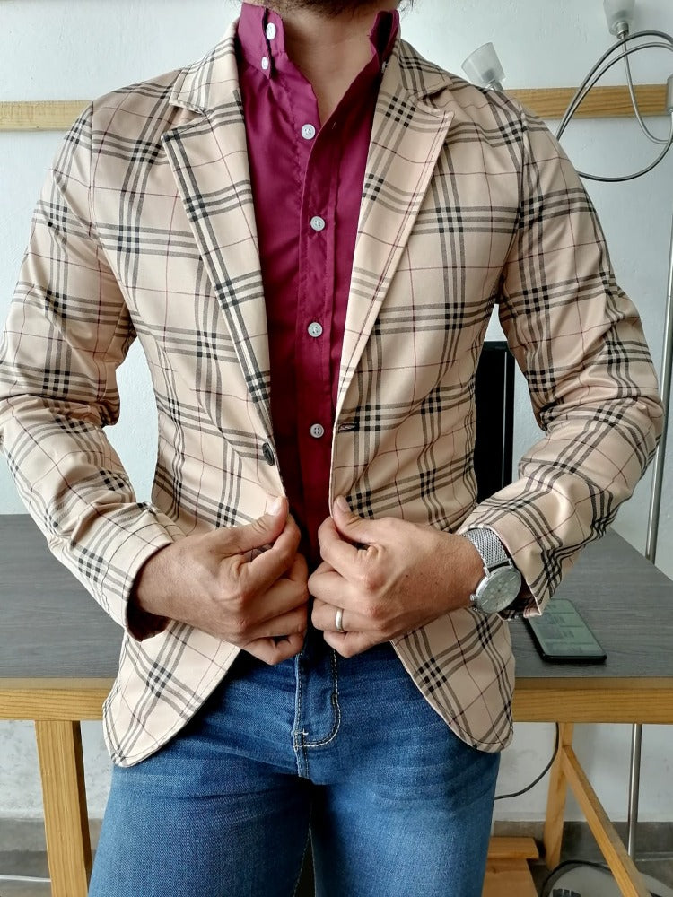 BLAZER SOLAPA V CUADROS PALO DE ROSA CON NEGRO Y VINO