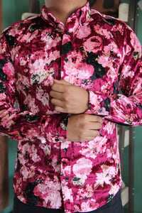 CAMISA MANGA LARGA ESTAMPADA TERCIOPELO BUGAMBILIA CON ROSAS Y NEGRO