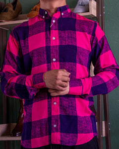 CAMISA MANGA LARGA CUADROS ROSA FUSCIA CON AZUL MARINO