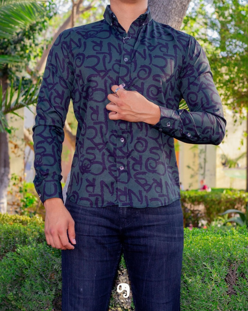 CAMISA MANGA LARGA ESTAMPADO HOJARASCA VERDE