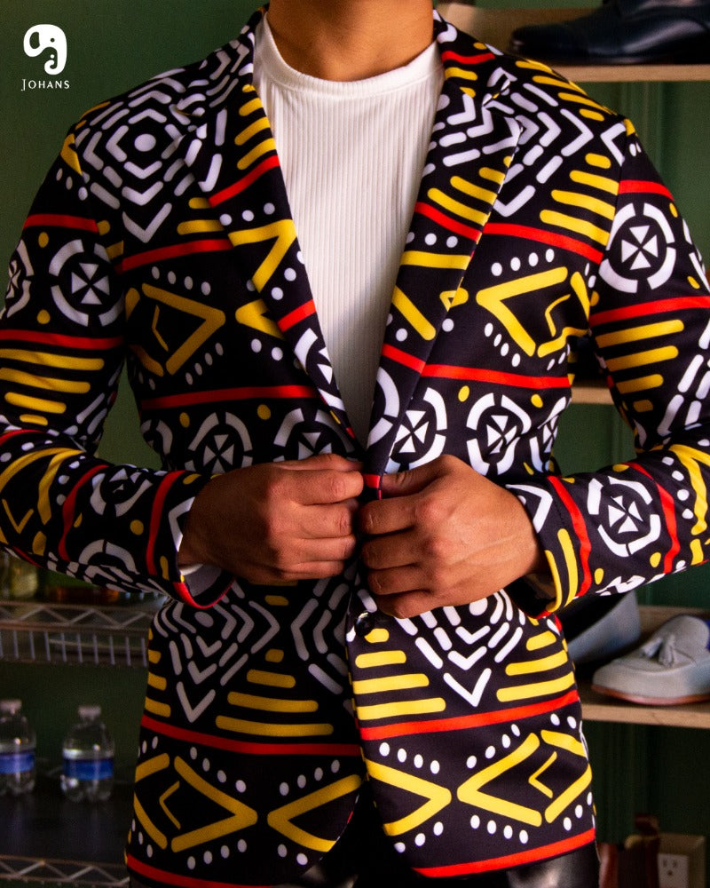 BLAZER SOLAPA V EXOTICO NEGRO GEOMETRICO  EN AMARILLO Y ROJO